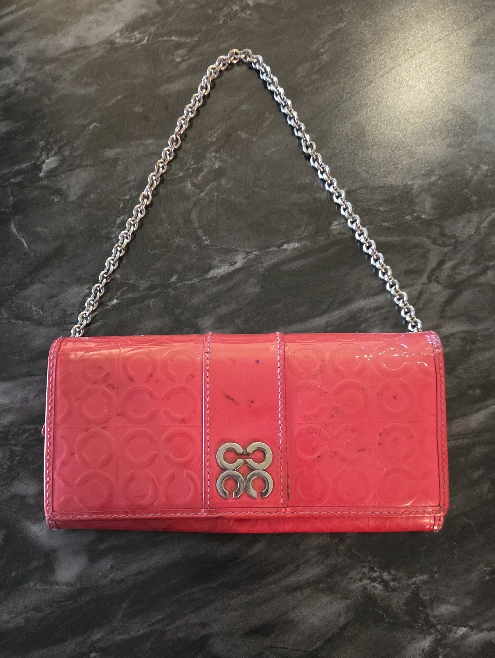Coach Pink/Salmon Patent Chain Clutch/wallet